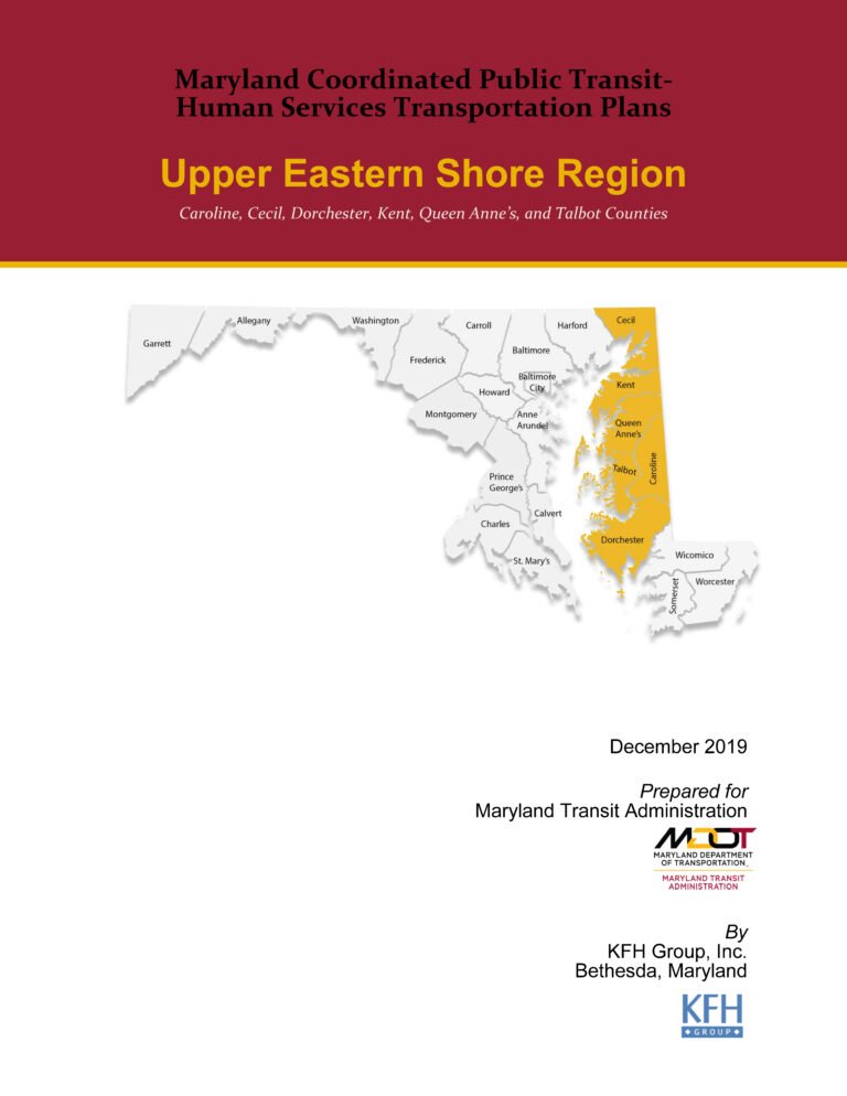 An image of the cover of the previous coordinated transportation plan for the Upper Eastern Shore region. The title is written in a red block at the top. There is a map of the Baltimore region shaded in yellow below, and then some text and logos in the bottom right corner.