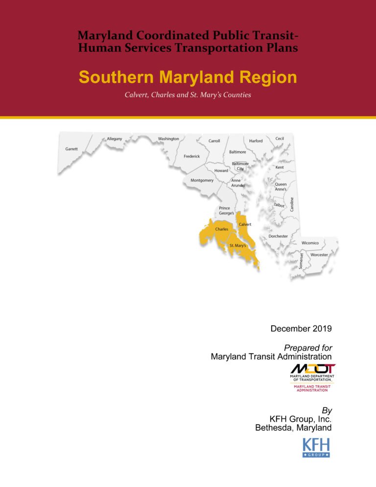 An image of the cover of the previous coordinated transportation plan for the Southern Maryland region. The title is written in a red block at the top. There is a map of the Baltimore region shaded in yellow below, and then some text and logos in the bottom right corner.