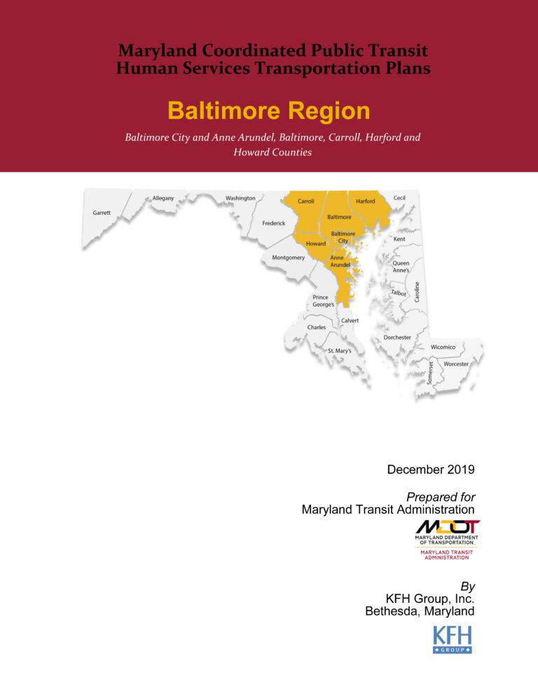 An image of the cover of the previous coordinated transportation plan for the Baltimore region. The title is written in a red block at the top. There is a map of the Baltimore region shaded in yellow below, and then some text and logos in the bottom right corner.