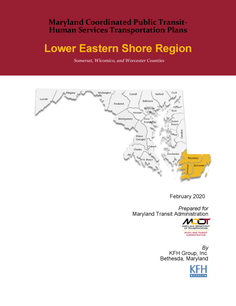 An image of the cover of the previous coordinated transportation plan for the Lower Eastern Shore region. The title is written in a red block at the top. There is a map of the Baltimore region shaded in yellow below, and then some text and logos in the bottom right corner.