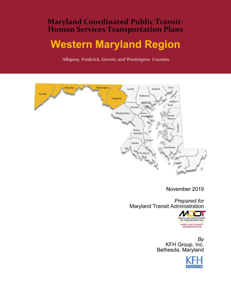 An image of the cover of the previous coordinated transportation plan for the Western Maryland region. The title is written in a red block at the top. There is a map of the Baltimore region shaded in yellow below, and then some text and logos in the bottom right corner.