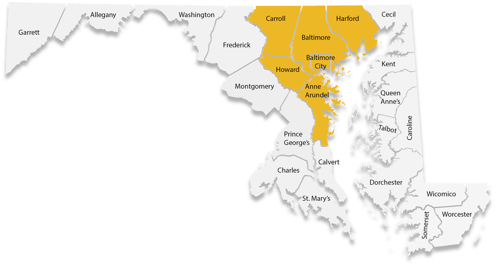 A map of all the counties in Maryland. Those in the Baltimore region (Baltimore City and Anne Arundel, Carroll, Harford, and Howard Counties) are shaded in yellow.