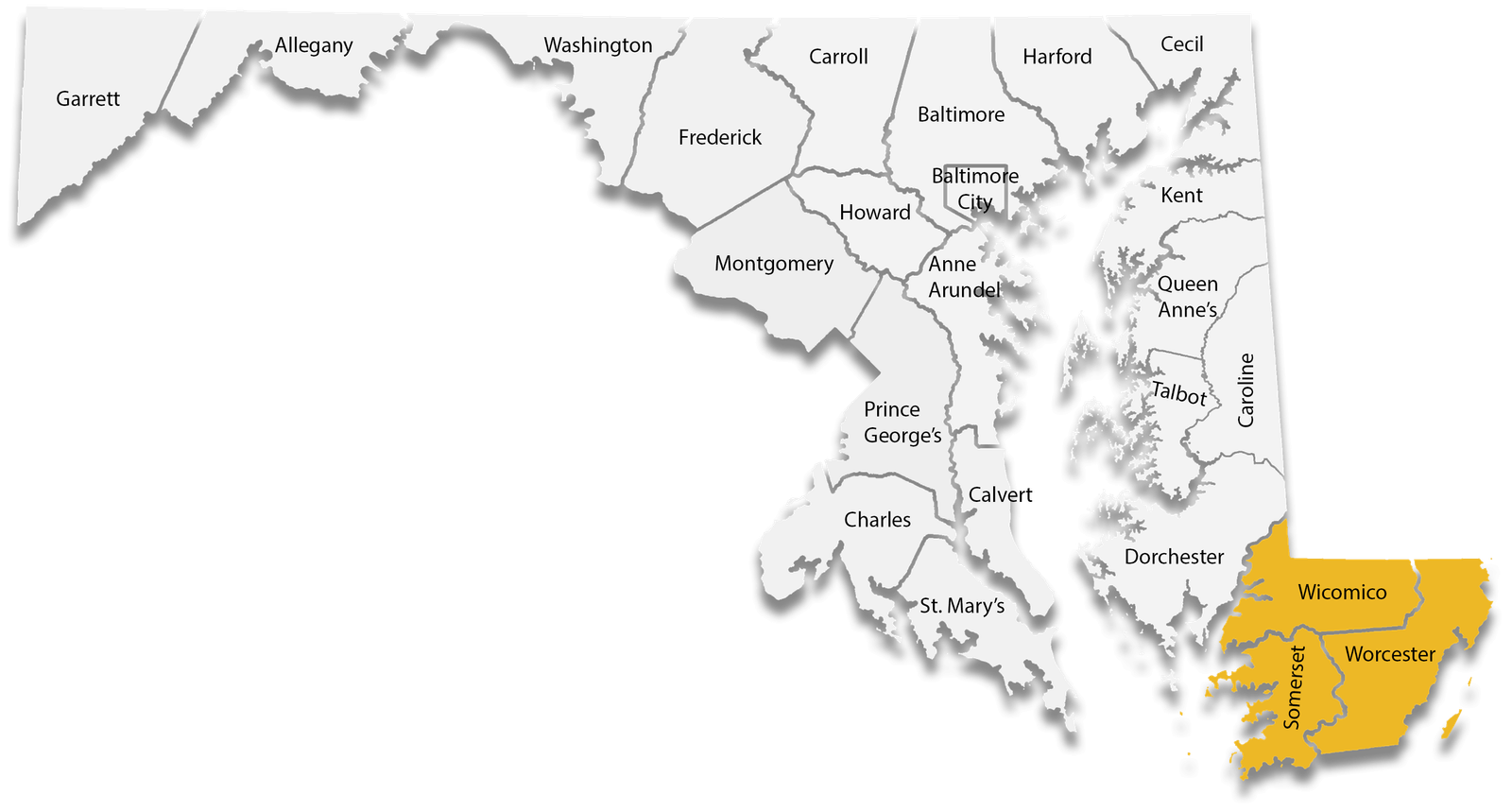 A map of all the counties in Maryland. Those in the Lower Shore Region (Somerset, Wicomico, and Worcester Counties) are shaded in yellow.