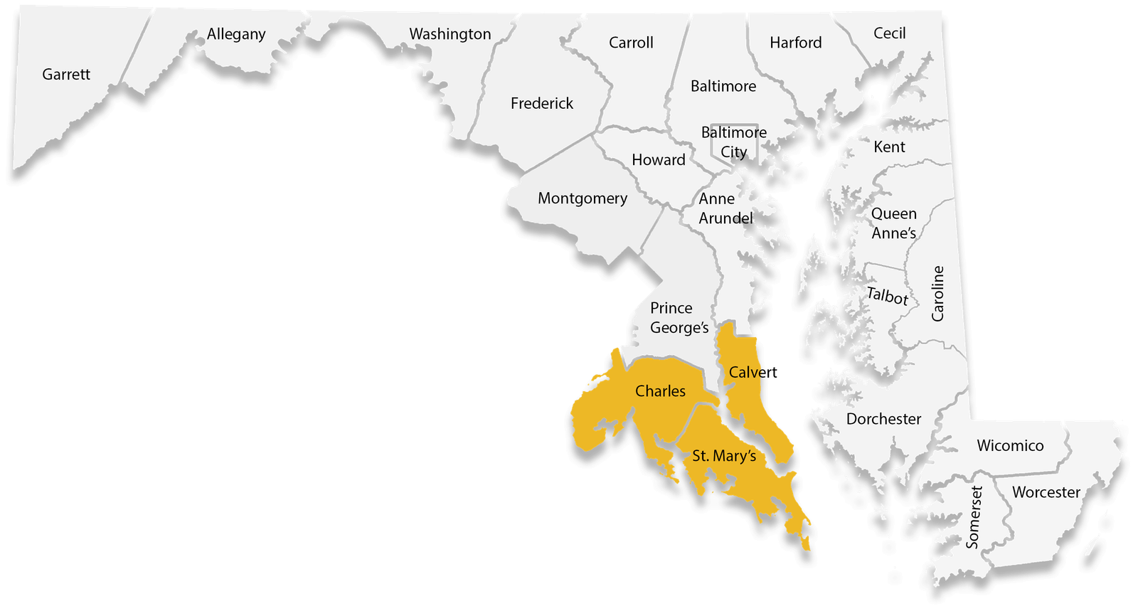 A map of all the counties in Maryland. Those in the Southern Maryland Region (Calvert, Charles, and St. Mary’s Counties) are shaded in yellow.
