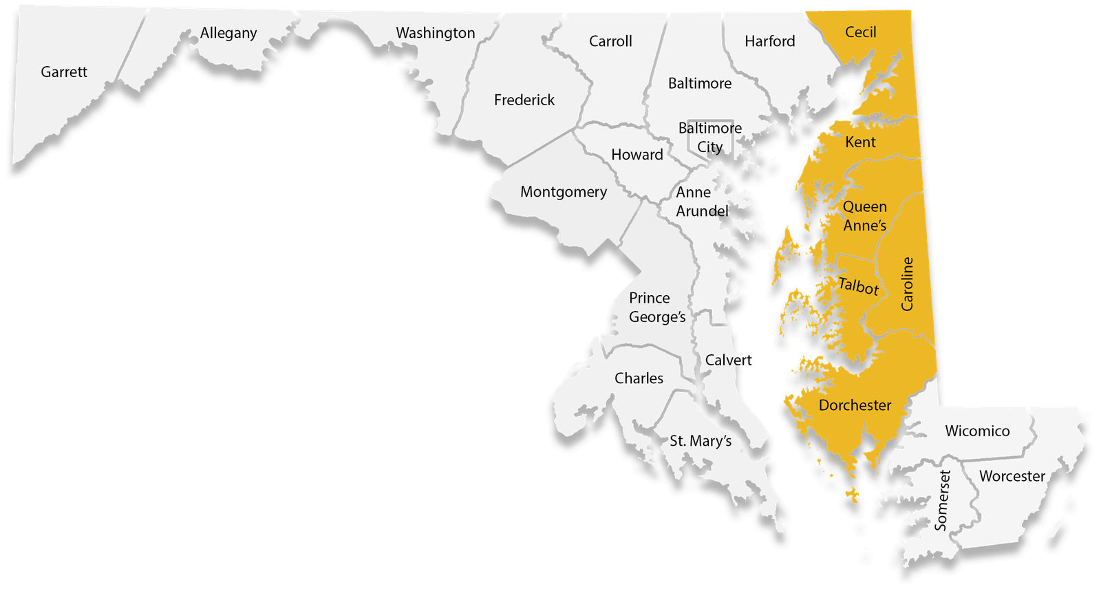 A map of all the counties in Maryland. Those in the Upper Shore Region (Caroline, Cecil, Dorchester, Kent, Queen Anne’s and Talbot Counties) are shaded in yellow.