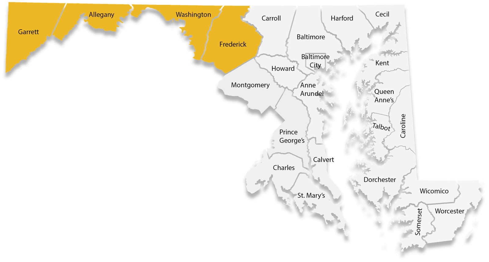 A map of all the counties in Maryland. Those in the Western Maryland Region (Allegany, Frederick, Garrett, and Washington Counties) are shaded in yellow.